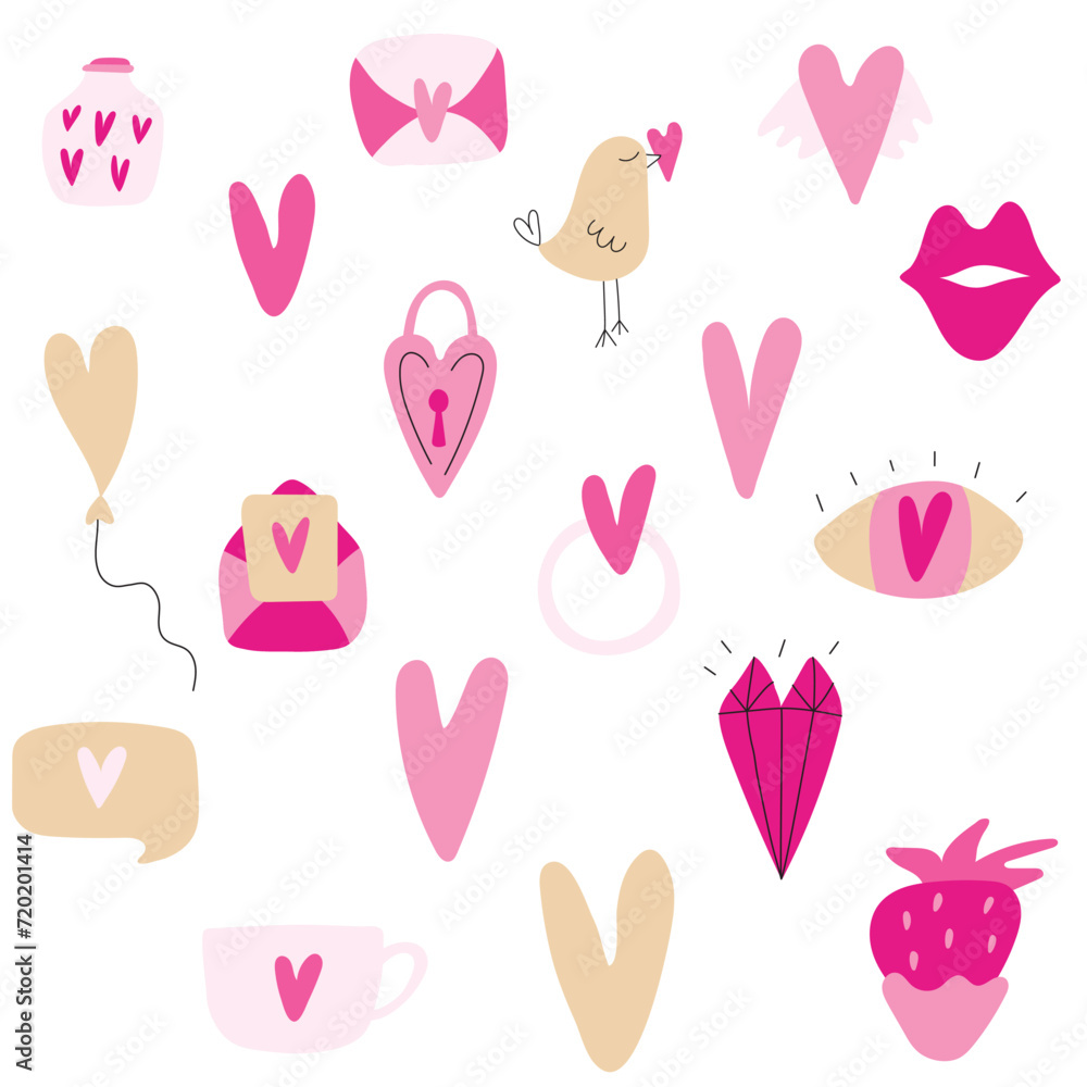 Hearts on a Light Pink Background seamless pattern. Cute Hand Drawn Heart. Tiny Pink Heart on a Red Layout. Style Romantic Print for Fabric, Textile, Valentines. Vector illustration