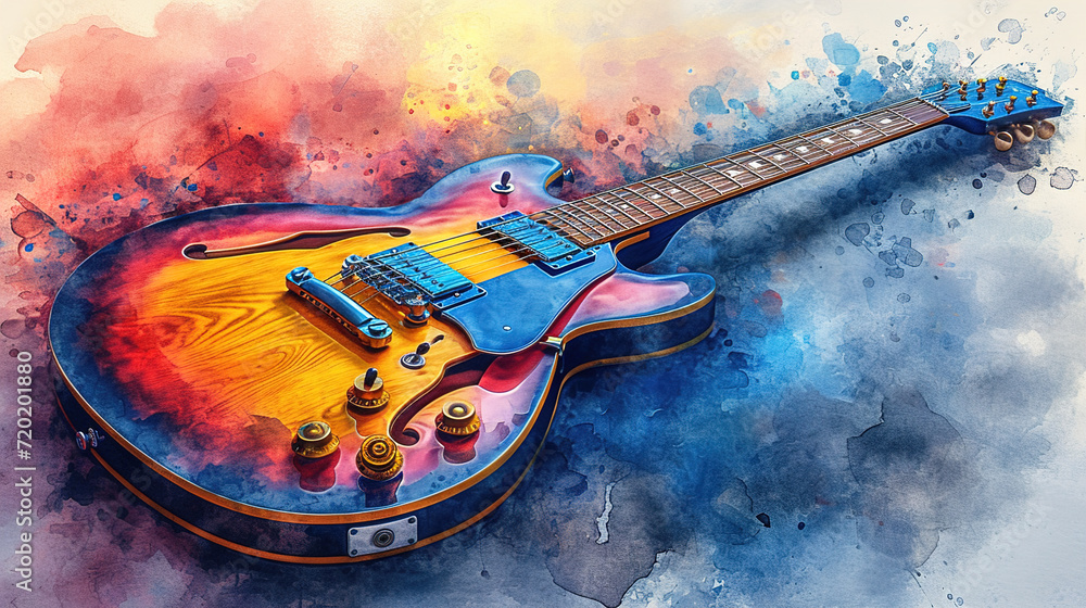 Musical Harmony Watercolor Guitar with Color Splashes on Colorful Background