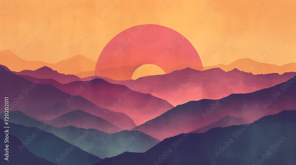 Sunrise over the mountains gradient with warm oranges, pinks, and purples, accompanied by a grainy texture for an outdoor adventure poster. 