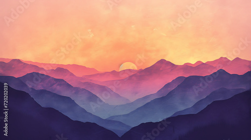 Sunrise over the mountains gradient with warm oranges, pinks, and purples, accompanied by a grainy texture for an outdoor adventure poster. 
