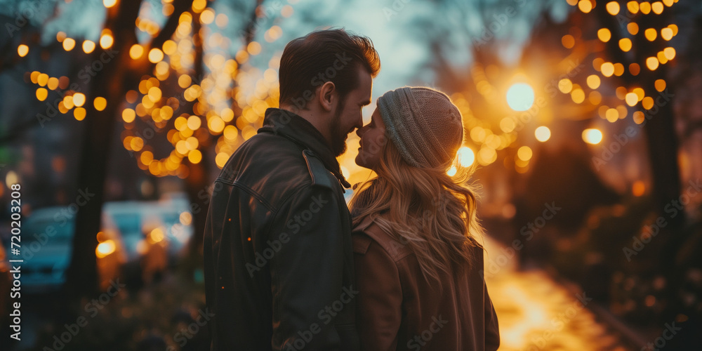 Couple in a close embrace with twinkling lights behind, creating a magical, romantic evening atmosphere
