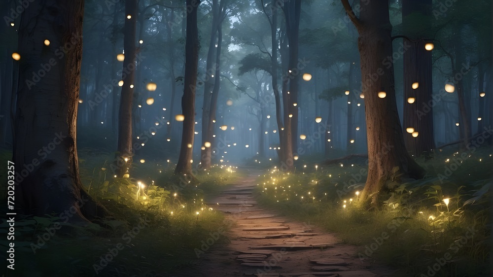 A mysterious forest path illuminated by the soft glow of fireflies