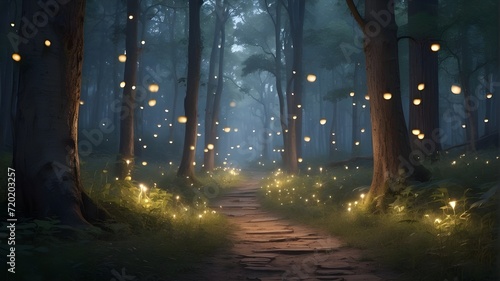 A mysterious forest path illuminated by the soft glow of fireflies © Waqasiii_Arts 