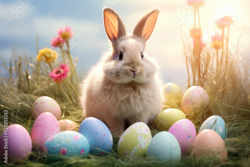 Cute Easter bunny sitting on the grass with colored Easter eggs on a sunny spring day
