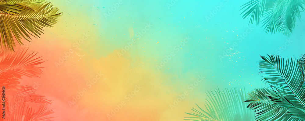 Tropical gradient background in aqua blue, coral, and lime green with a grainy texture for a beach-themed party invitation