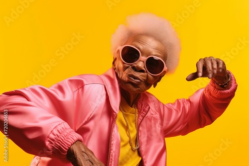 Black woman striking dynamic. Cool and funny grandmother with pink jacket. Generate AI © nsit0108