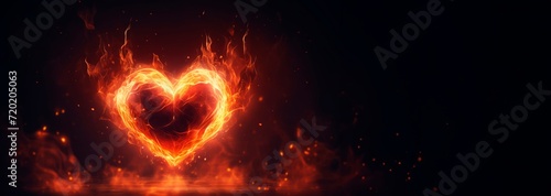 fire flame heart shape isolated on black background, horizontal banner, copy space for text, love, burning love, valentines card concept