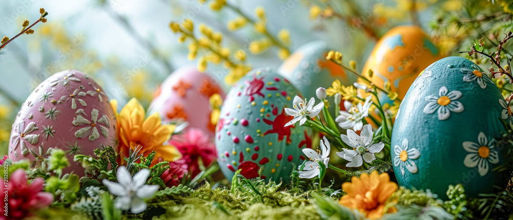 Happy Easter Easter Eggs in Spring Unique colored Eggs Trendy Realistic Easter Greeting Card Banner Modern Graphic Concept Wallpaper Digital Art Magazine Background Poster Card