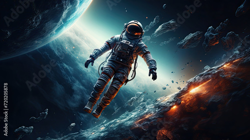 An astronaut floating in space near wreck of a planet moon's 