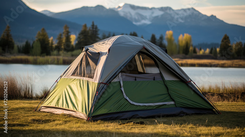 camping tent on the lake bank in early morning