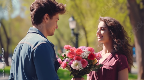 Man is giving beautiful bouquet of flowers to his girlfriend.  Valentine's day, Couple dating, Man giving bouquet of flowers to girlfriend on date. Couple activity