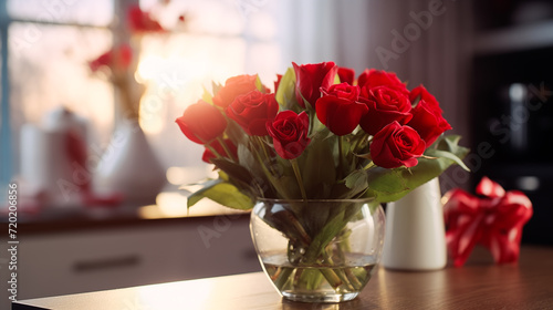 Gifts and red roses on table for Valentine day. Bouquet of roses on table decorated for Valentine's Day celebration. Love confession. Love and valentine © M Stocker