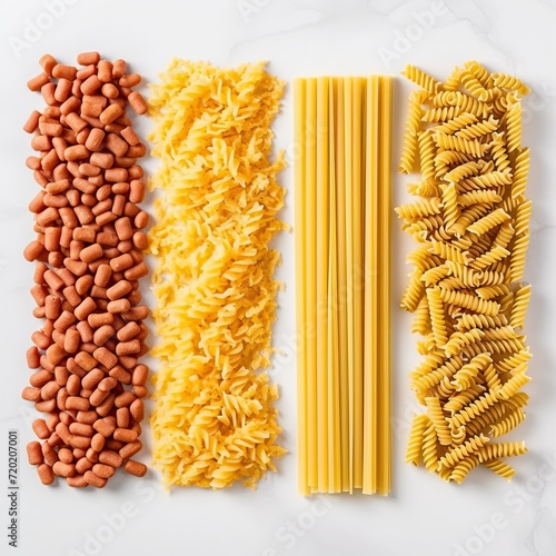 Five different types of pasta arranged in a row