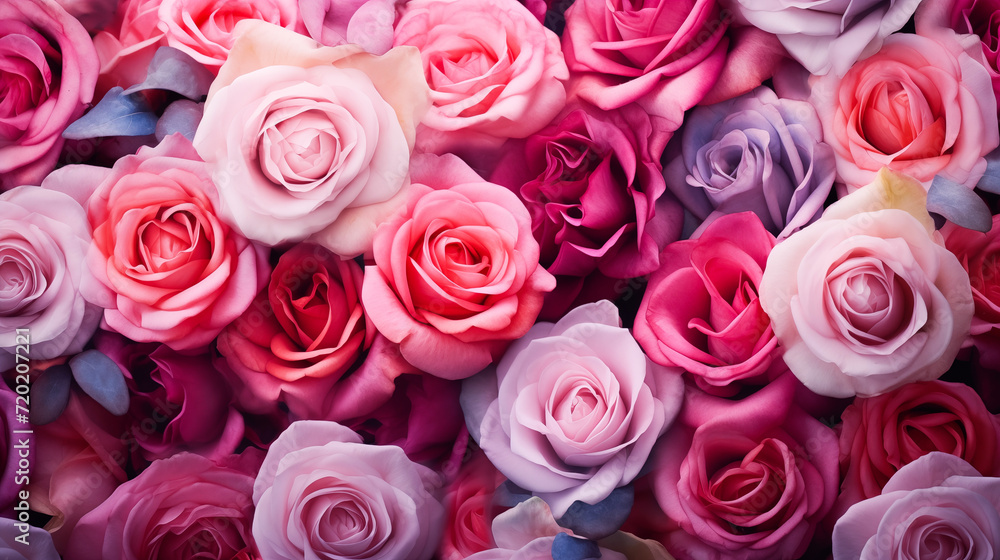 Fototapeta premium Roses bouquet festive background. Natural red rose background. Bouquet of fresh rose flowers, bright background. Festive Valentine day 