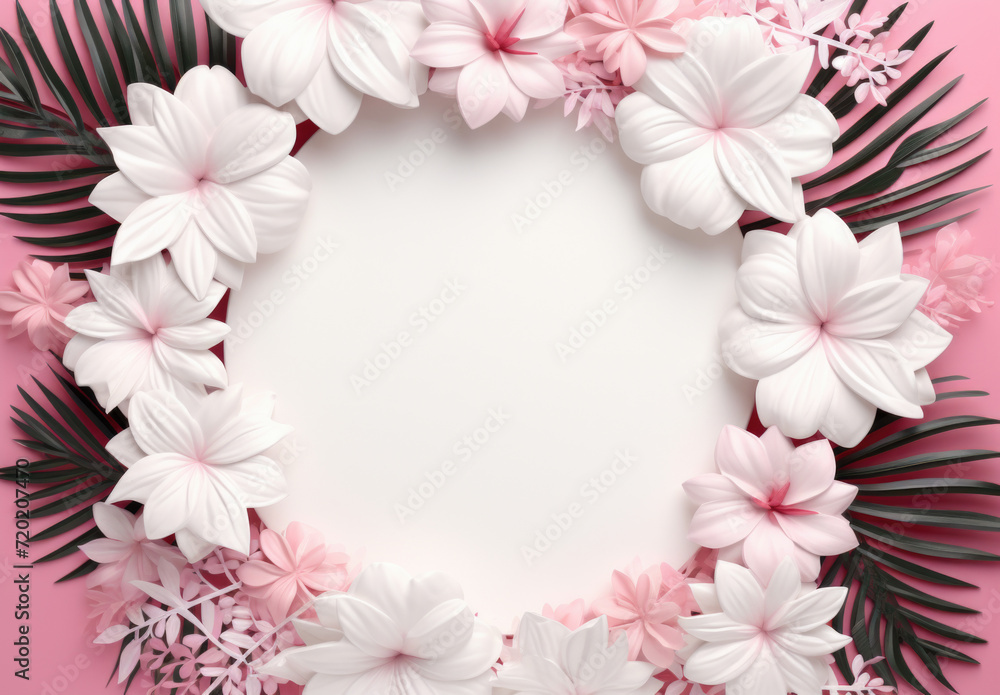 Blank paper card mockup with frame made of flowers. Festive floral composition with copy space on a pastel background