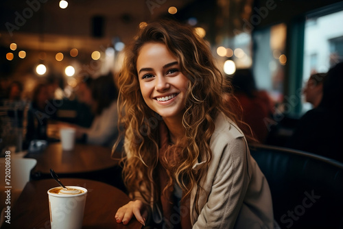  A happy smiling young woman, a girl, is sitting at a table in a cafe, drinking coffee. Joyful and pleasant atmosphere in the cafe, restauran