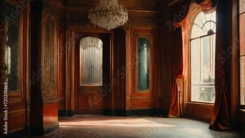 Interior of an old palace. The room is decorated with a wooden door and a window photo