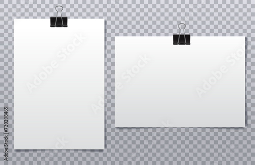 Horizontal and vertical white sheets of paper with binder on transparent background. Realistic vector illustration