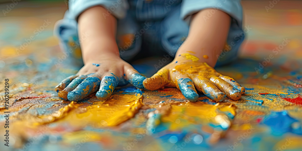Children paint hands messy, finger painting mess, vibrant multi colors background art illustration, generated ai Children paint hands messy, finger painting mess, vibrant multi colors background art illustration, generated ai