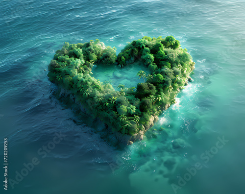 A lush green heart-shaped island sits peacefully in the middle of the crystal blue ocean, surrounded by vibrant reefs and abundant water resources, creating a picturesque aerial landscape in perfect 