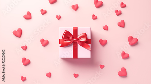 Valentine's Day background. Top view Kraft gifts and red and pink color heart. Hearts of paper and gift box on textured background for Valentine's Day. Background for Valentine's Day