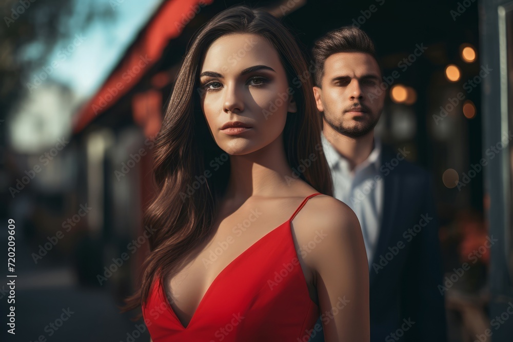Handsome man with brunette woman in red dress. Elegant dressed luxury couple portrait. Generate ai