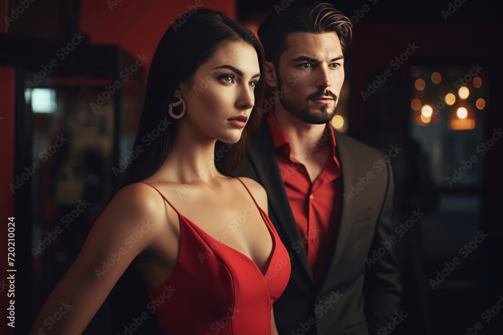 Handsome gentleman with brunette lady in red evening dress. Stylish affluent couple sophisticated outfits. Generate ai Handsome gentleman with brunette lady in red evening dress. Stylish affluent couple sophisticated outfits. Generate ai