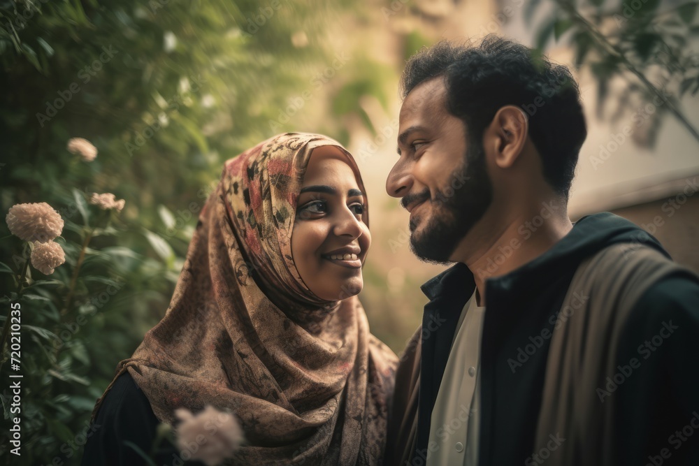 Happy Saudi couple in garden. Muslim young partners walking in orchard. Generate ai Happy Saudi couple in garden. Muslim young partners walking in orchard. Generate ai