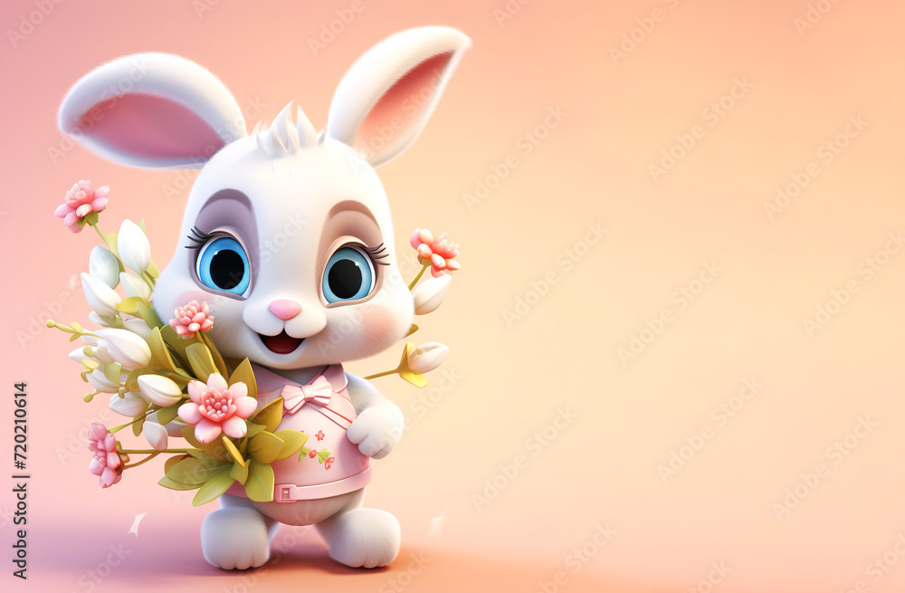 Adorable 3d character of a cute bunny holding flowers Adorable 3d character of a cute bunny holding flowers