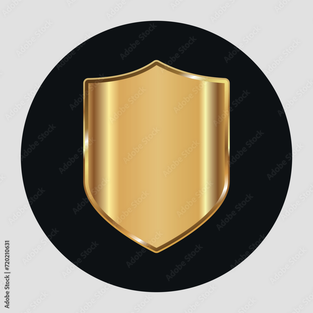 Golden 3D shield. Icon. Vector on a grey background Golden 3D shield. Icon. Vector on a grey background
