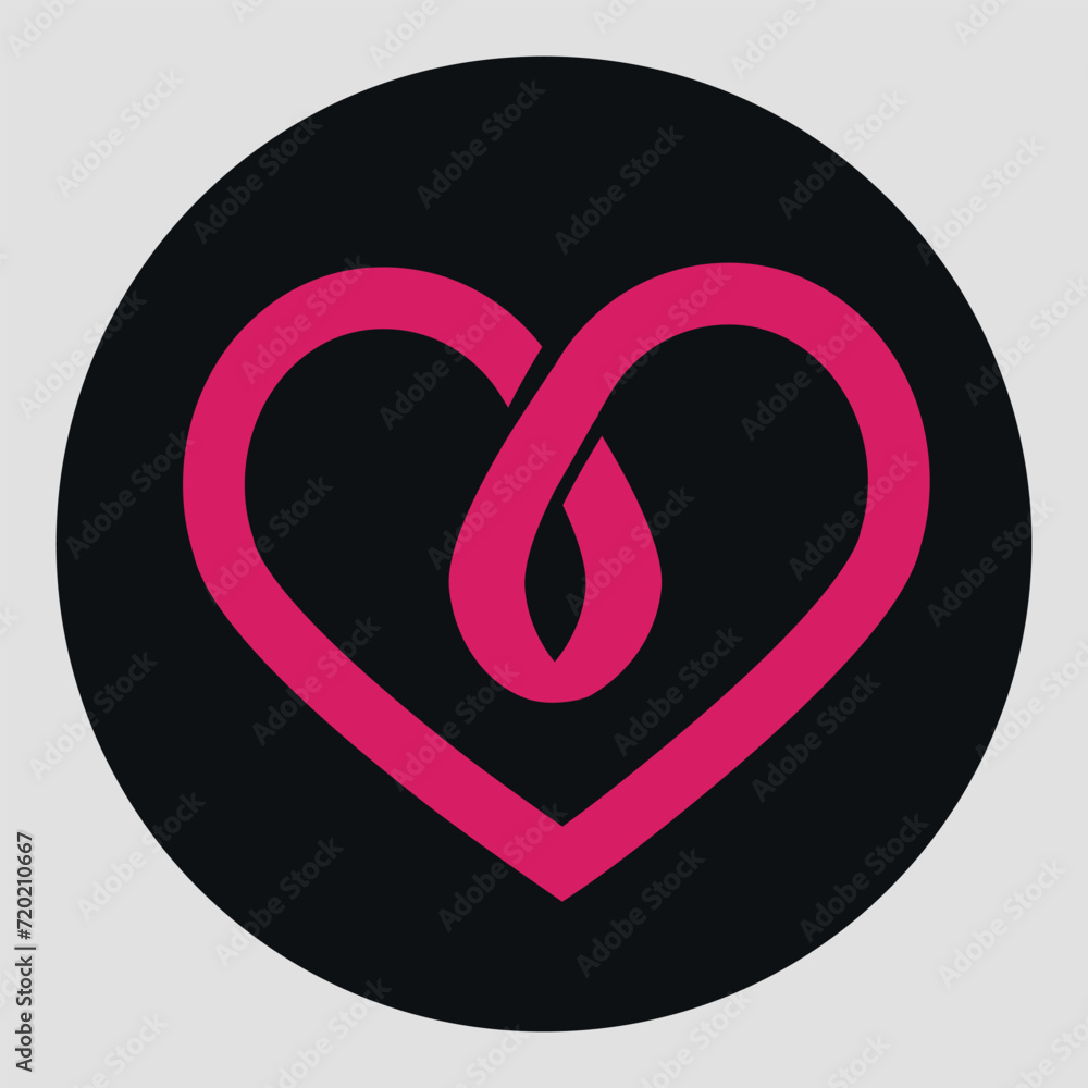 Black, round Icon of a designer pink heart. on a grey background Black, round Icon of a designer pink heart. on a grey background