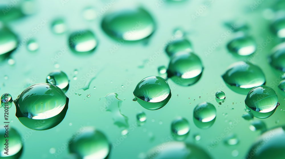 Closeup of water drops sliding on wet surface. Green background. Generative AI Closeup of water drops sliding on wet surface. Green background. Generative AI