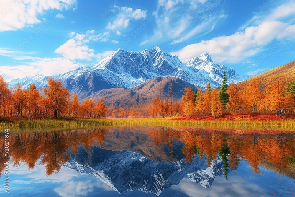 Tranquil scene mountain peak reflects multi colored autumn beauty generated by artificial intelligence