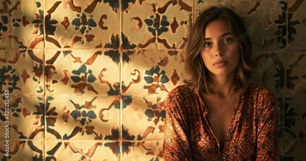 Woman Standing in Front of a Tiled Wall With Mosaic Patterns Woman Standing in Front of a Tiled Wall With Mosaic Patterns