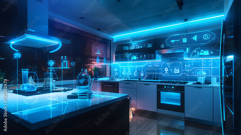 Cinematic photograph of home kitchen filled with energy-filled data visualization. selective focus icons. AI. Smart spaces.