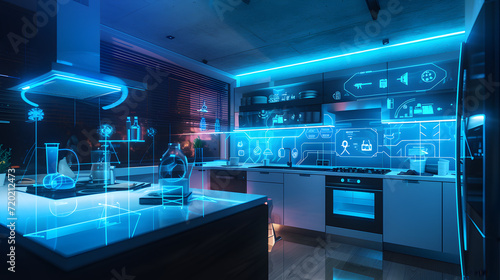 Cinematic photograph of home kitchen filled with energy-filled data visualization. selective focus icons. AI. Smart spaces.