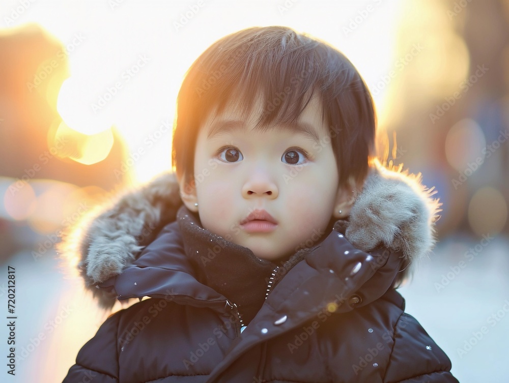 Fototapeta premium Young Child Wearing a Black Jacket With Fur Collar