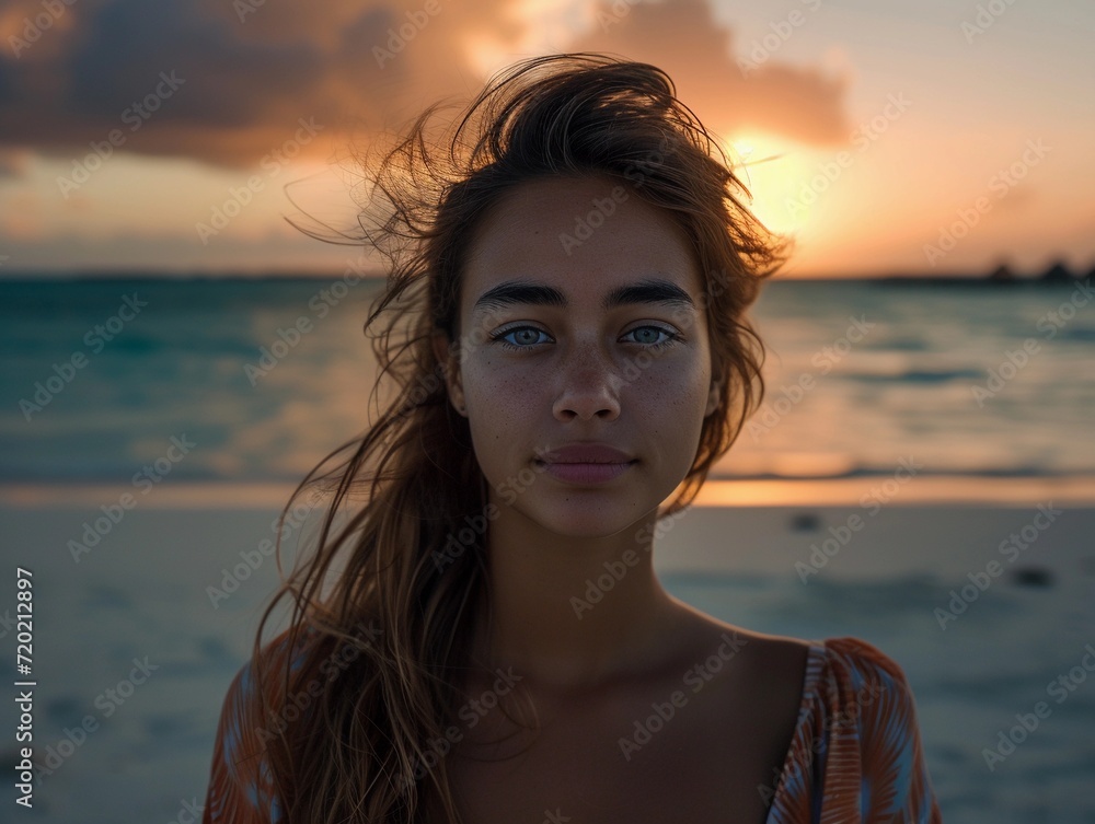 Woman Standing on Sandy Beach Next to Ocean Waves Woman Standing on Sandy Beach Next to Ocean Waves