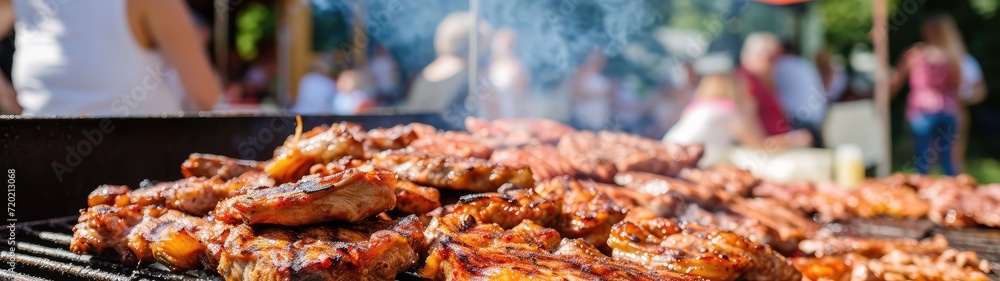 Barbecue with delicious grilled meat outdoors, close-up