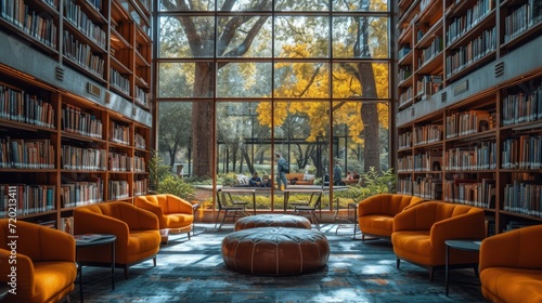 Modern Library Interior with Comfortable Seating and Autumn View.