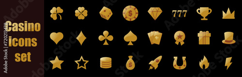Casino icon gold set. Collection of vector gold icons with elements for mobile concept and web app. Icons of slot machine, roulette, playing cards, dice, poker and more
