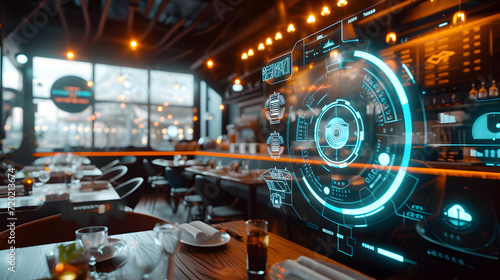 Cinematic photograph of restaurant filled with energy-filled data visualization. selective focus icons. AI. Smart spaces. photo
