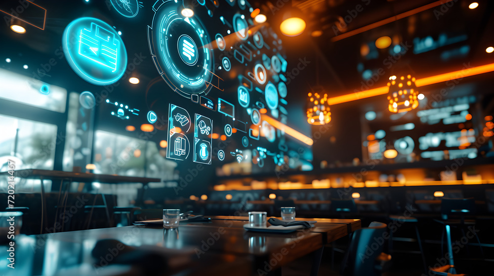 Cinematic photograph of restaurant filled with energy-filled data visualization. selective focus icons. AI. Smart spaces. Cinematic photograph of restaurant filled with energy-filled data visualization. selective focus icons. AI. Smart spaces.