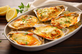 Cheese baked oysters in white ceramic baking tray with herbs and lemon slice on wooden table. Horizontal, side view.