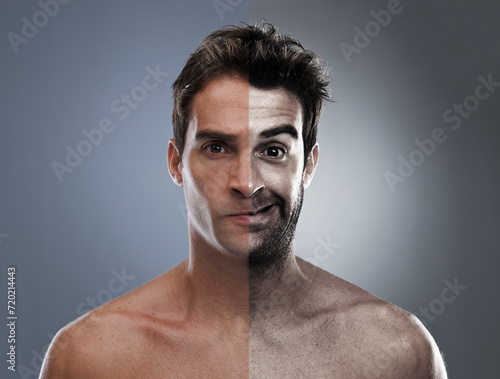 Man, beard and half face for hair removal improvement in studio for wellness, comparison or grey background. Male person, portrait and confident for shaving cleaning, transformation or mockup space