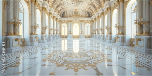 empty palaces with white marble flooring, fantasy white gold marble interior of the royal palace. golden palace. castle interior.
