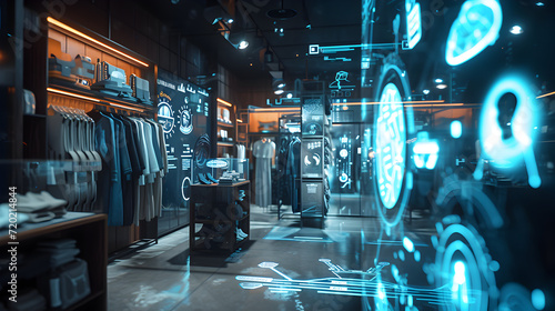 Cinematic photograph of retail clothing shop filled with energy-filled data visualization. selective focus icons. AI. Smart spaces. photo