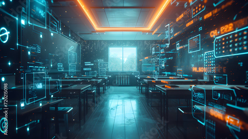 Cinematic photograph of schoolfilled with energy-filled data visualization. selective focus icons. AI. Smart spaces.