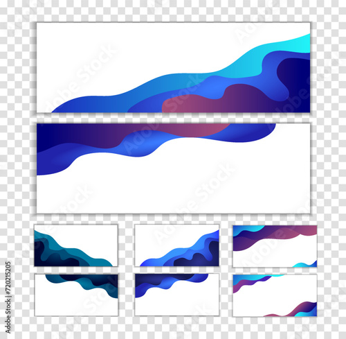 Set Banners. Background with blue abstract multilayered wavy pattern. Paper art style. Template design for posters, banners, flyers, booklets