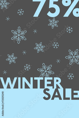 Winter Sale 75%- Schriftzug in englischer Sprache - Winterschlussverkauf. Verkaufsplakat mit Schneekristalken. photo